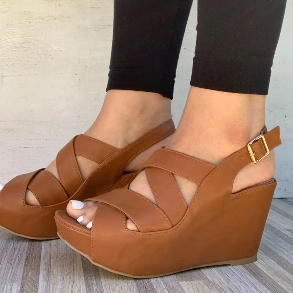 Tan Back Strap Platform Wedges